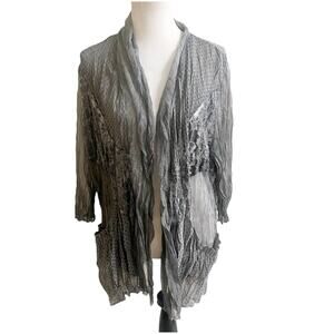 Chicos Travelers Cardigan Crinkle Sz 3/XL Gray Lace Dots Sheer Whimsigoth
